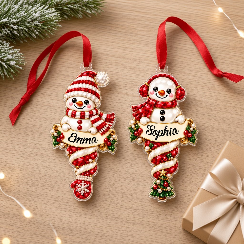 Custom-cut acrylic snowman ornaments with red scarves and scroll banners personalized with a child's name.