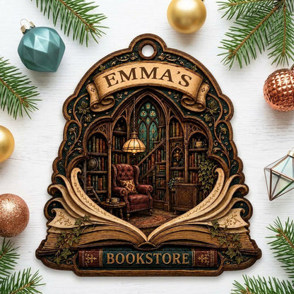 Arched wood ornament with an open-book frame, vintage library scene, ivy accents, and BOOKSTORE text with a personalized