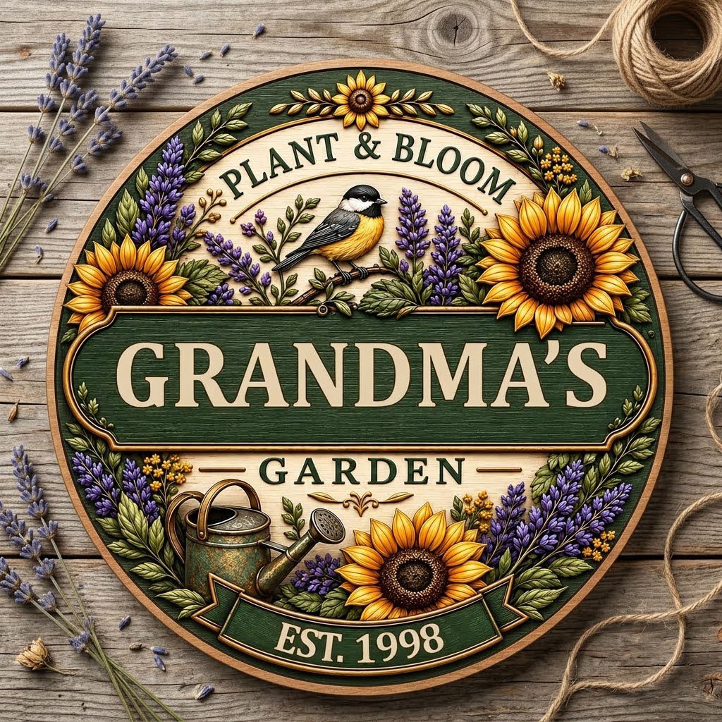 Round wooden sign with sunflowers, lavender, a chickadee, and green banners reading PLANT & BLOOM and GARDEN.