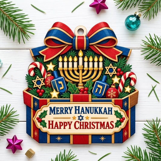 Gift box-shaped wood ornament with menorah, dreidels, candy canes, holly, stars, and Merry Hanukkah Happy Christmas text
