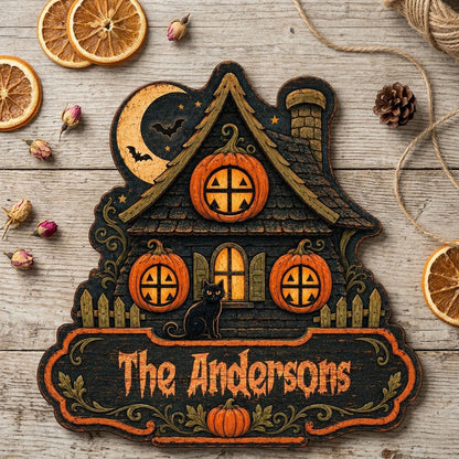 Custom-cut haunted house wooden sign with moon, bats, pumpkin windows, black cat, picket fences, and a family name banne