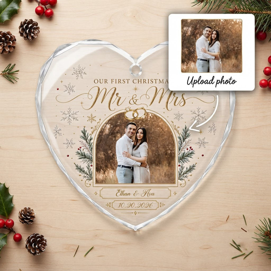 Heart-shaped glass ornament with photo, gold wedding rings, pine branches, snowflakes, and Mr & Mrs text.