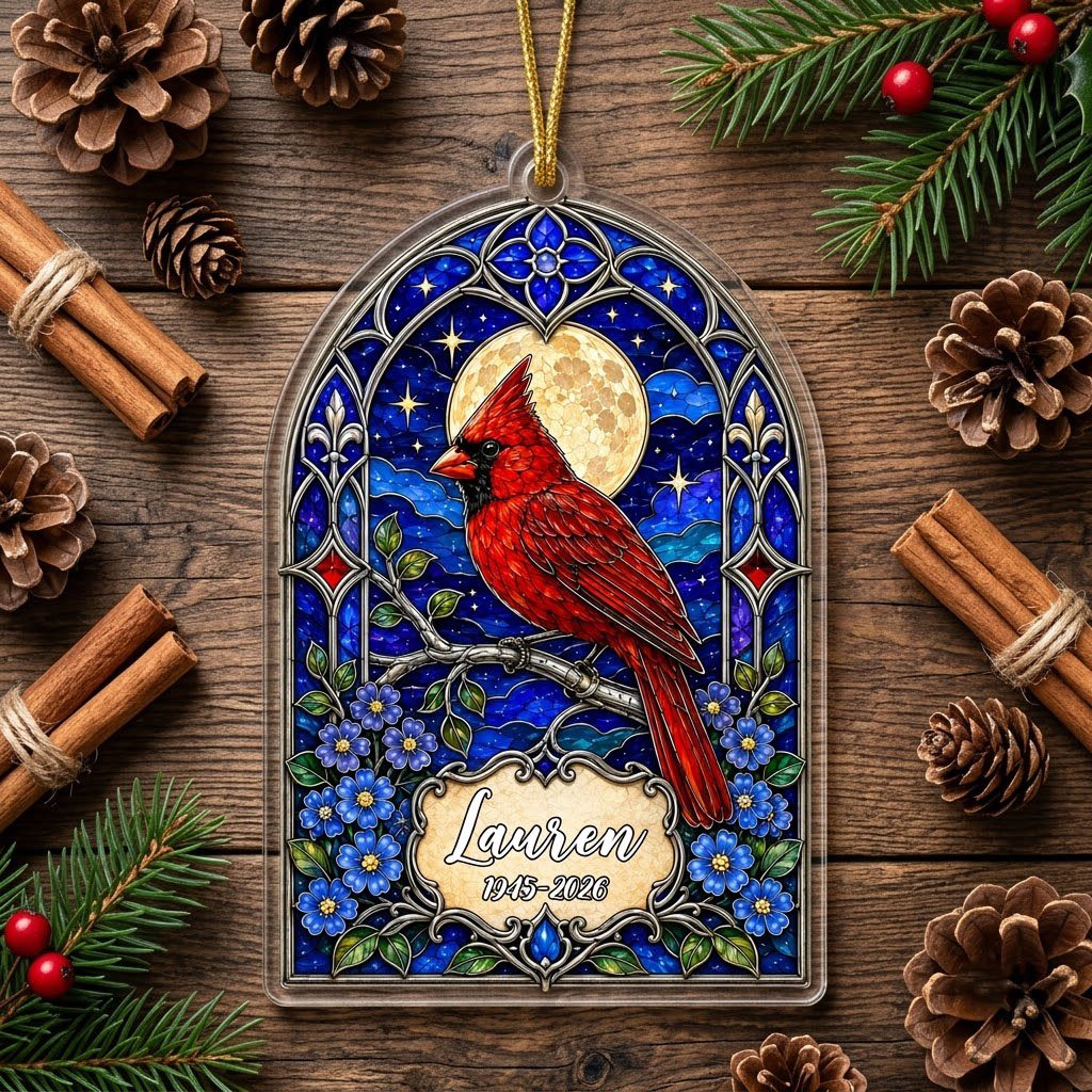 Personalized Red Cardinal Gothic Arch Memorial Acrylic Ornament