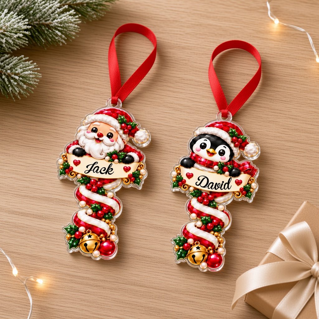 Custom-cut acrylic ornament with Santa or penguin holding a name banner on a red-and-white candy cane.