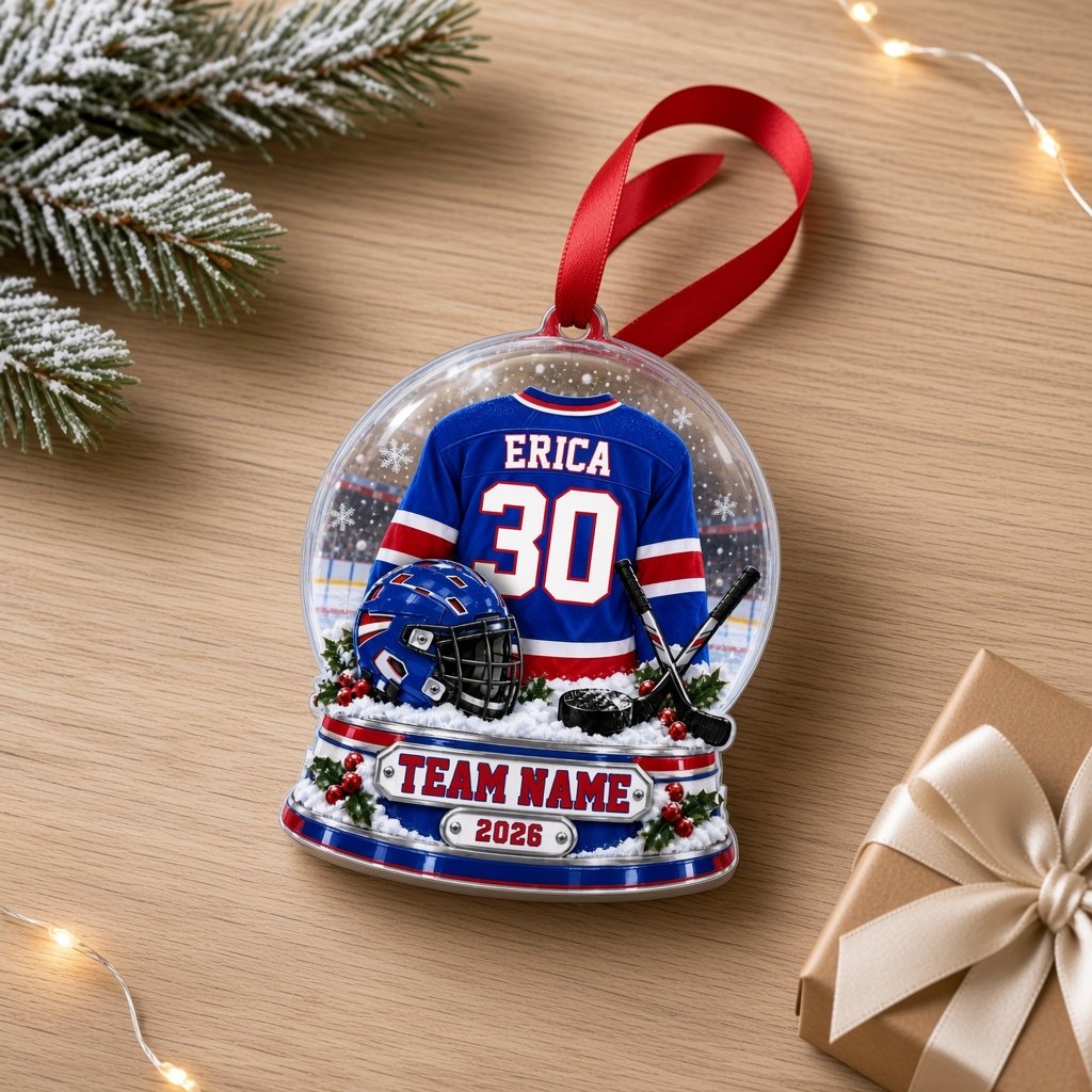 A custom-cut snow globe acrylic ornament with hockey jersey, helmet, crossed sticks, puck, and holly on the base.