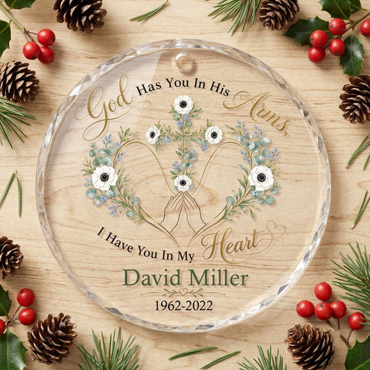 Personalized Praying Hands Botanical Cross Memorial God Has You In His Arms Round Glass Ornament