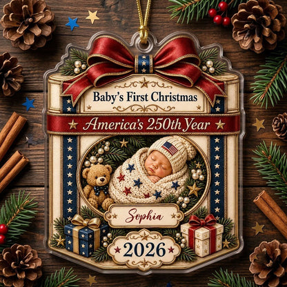 Personalized America 250th Baby's First Christmas Gift Box Acrylic Ornament, Custom Patriotic Keepsake