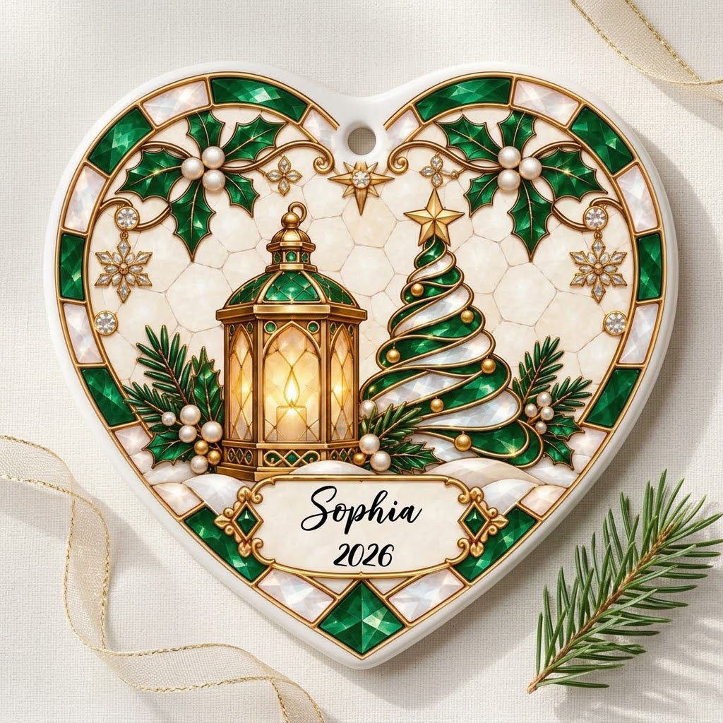 Heart ornament with emerald stained-glass border, gold lantern, spiral tree, holly, and a name-and-year scroll plaque.
