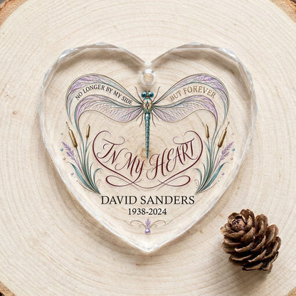 Personalized Dragonfly Memorial No Longer By My Side In My Heart Heart Glass Ornament