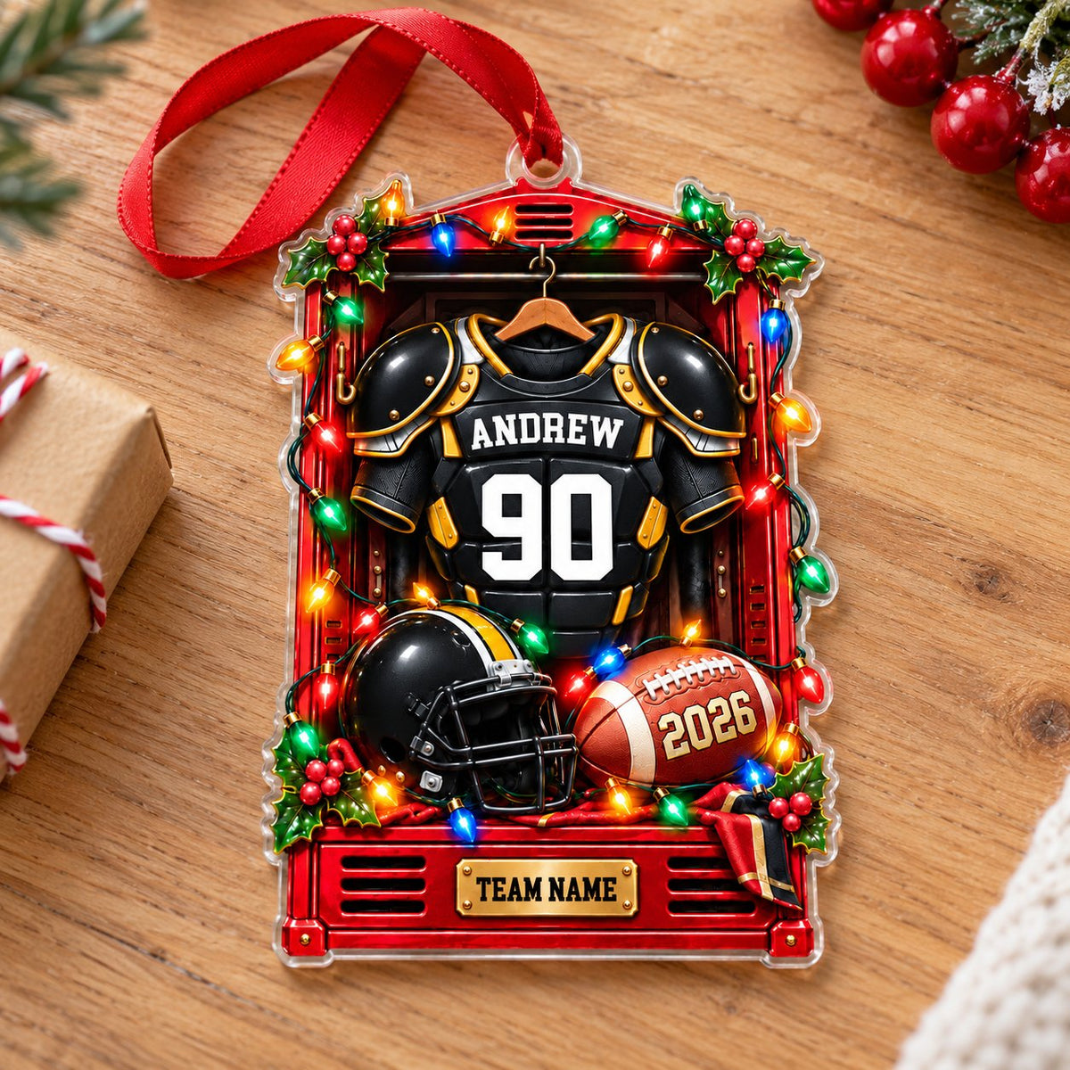 Acrylic ornament of a football locker with black-gold jersey, helmet and lights, personalized with name, number, year an