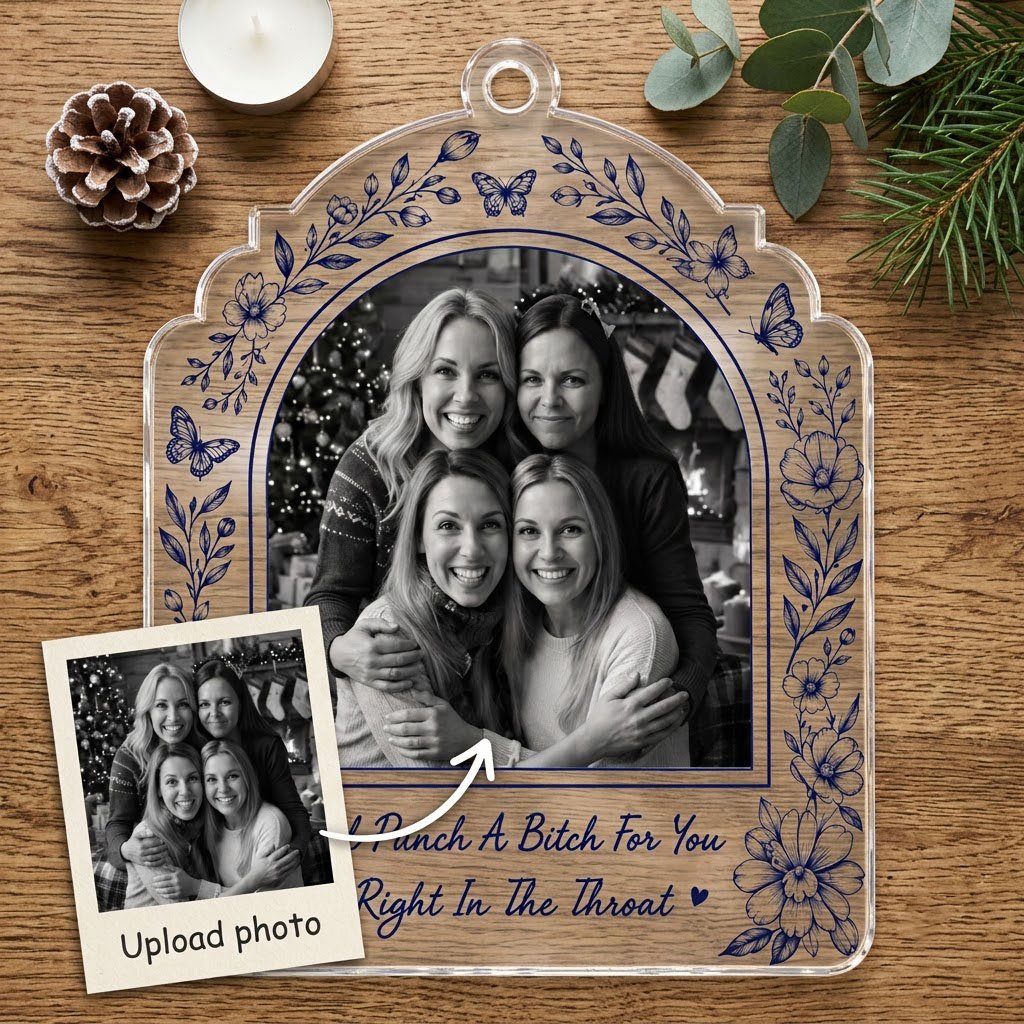 Clear acrylic arch ornament with navy floral border, butterflies, bold quote and a black-and-white friends photo.