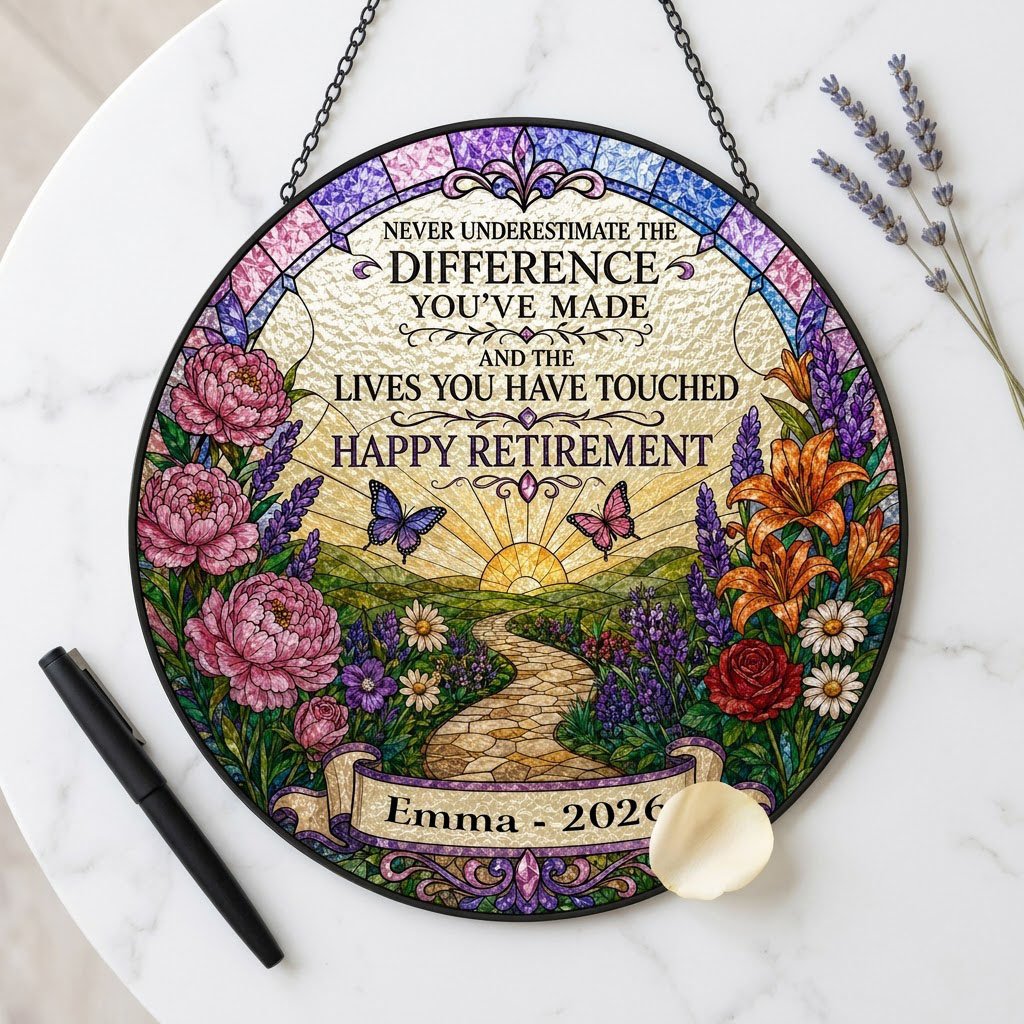 Personalized Retirement Sunrise Pathway Never Underestimate The Difference Stained Glass Round Suncatcher