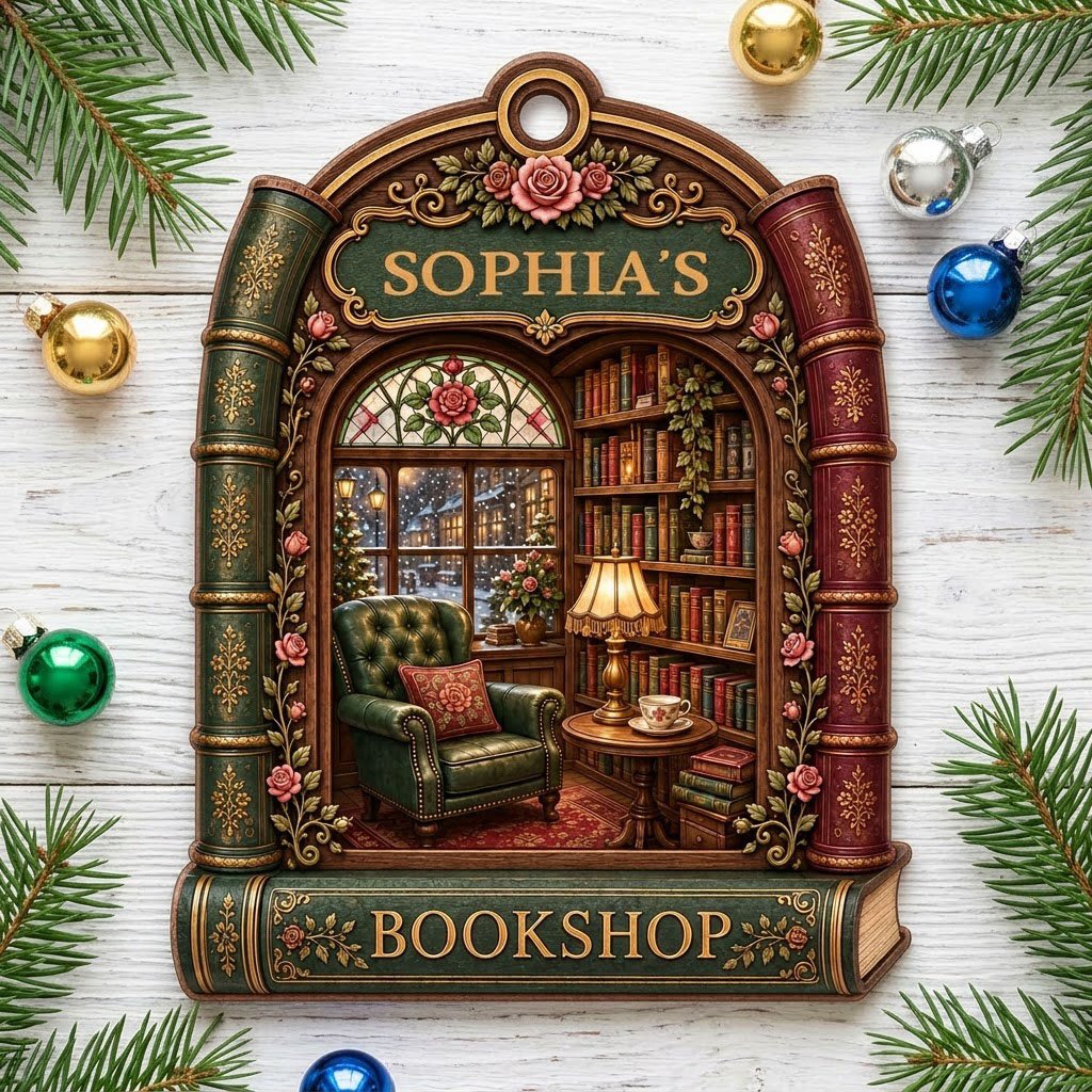 Arch-shaped wood ornament framed by book spines with BOOKSHOP and a cozy library scene with lamp and armchair.