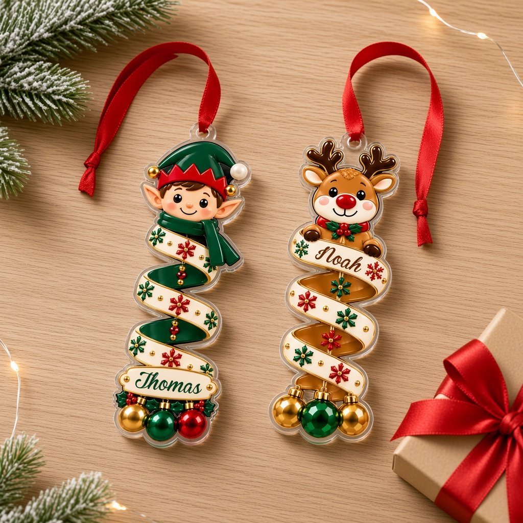 Clear acrylic ornament with elf or reindeer, spiral ribbon body and three dangling baubles, ready to hang on a Christmas
