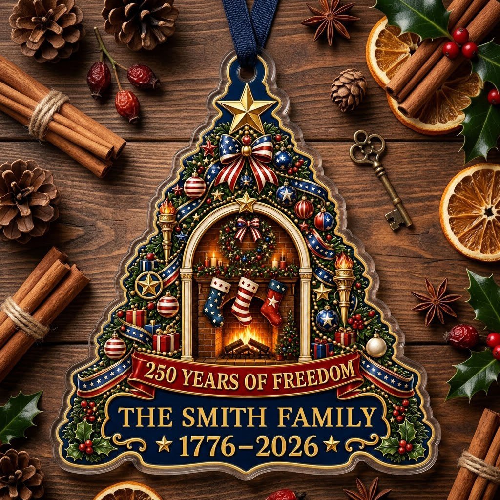 Personalized America 250th Tree Fireplace Acrylic Ornament, Custom Patriotic Holiday Keepsake