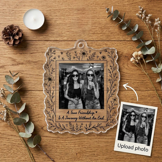 Scalloped rectangle clear acrylic ornament with wood grain look, black floral border, friendship quote, and a central ph
