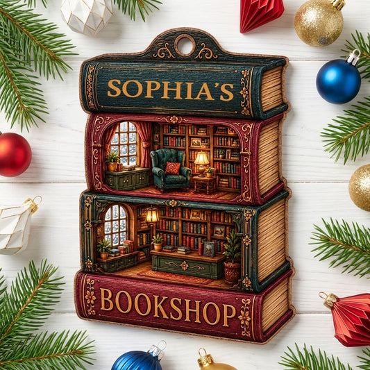 Custom-cut ornament of stacked books showing cozy bookshop rooms, BOOKSHOP text, and a personalized name.