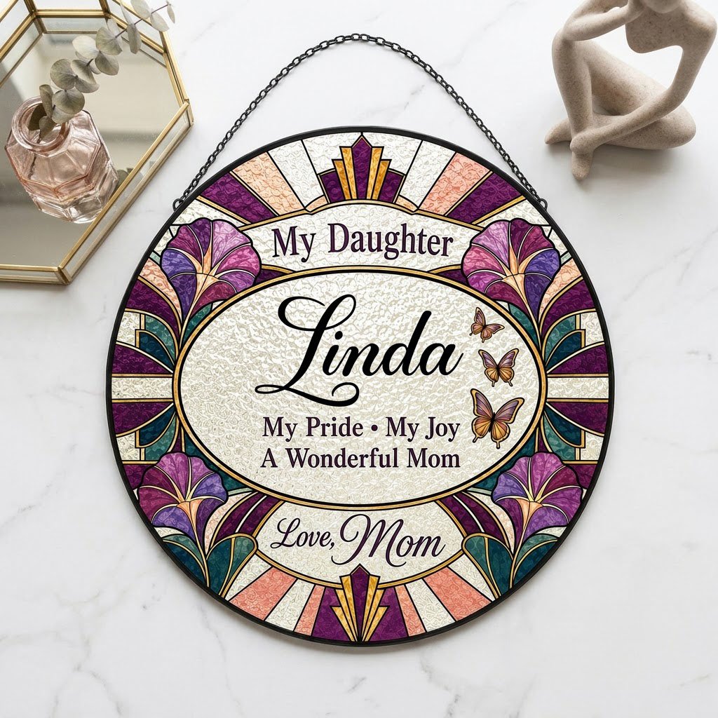 Round stained-glass style suncatcher with purple flowers, butterflies, and 'My Daughter' text.