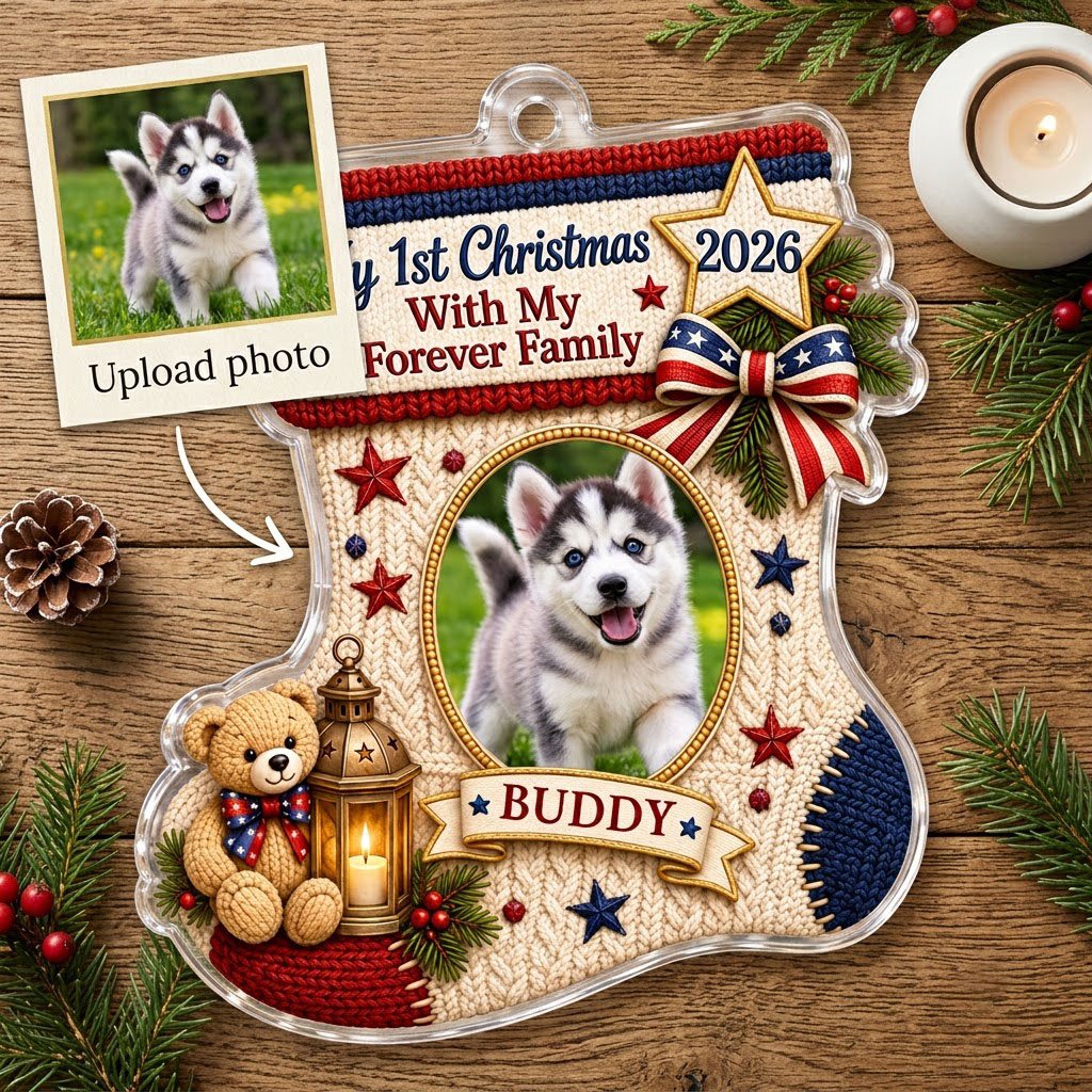 Stocking-shaped acrylic ornament with faux-knit design, pet photo oval, teddy bear, lantern and patriotic bow.