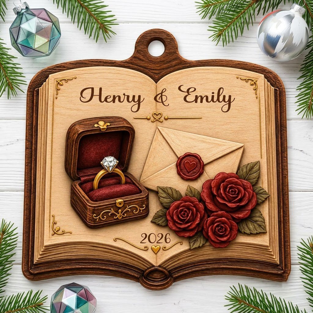 Open book wood ornament with a ring box, red roses, wax-sealed envelope, and custom names and year.