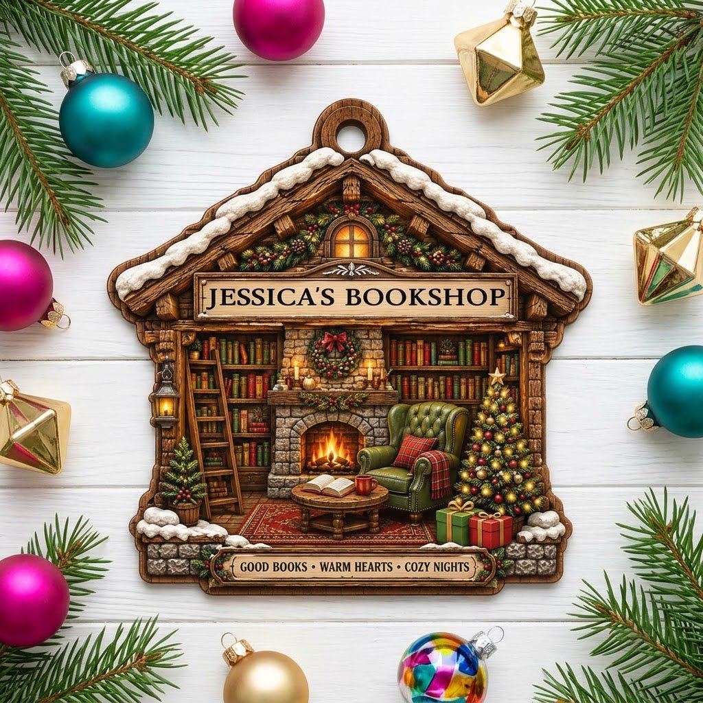 House-shaped wood ornament with cozy bookshop scene, fireplace, bookshelves, and a lit Christmas tree.