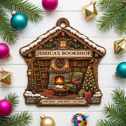 House-shaped wood ornament with cozy bookshop scene, fireplace, bookshelves, and a lit Christmas tree.
