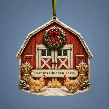 Personalized Red Barn Chicken Coop Wood Ornament, Custom Farmhouse Keepsake