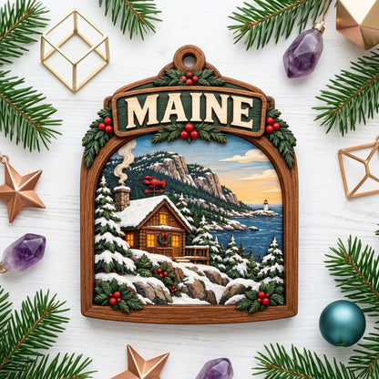 Arch-shaped wood ornament with "MAINE", snowy log cabin, pine trees, ocean lighthouse, and holly accents.