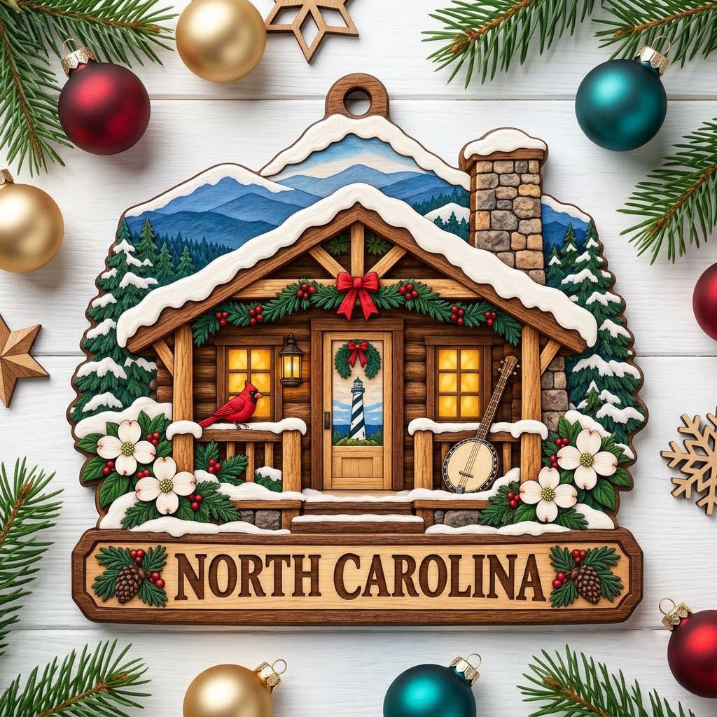 Log cabin ornament with NORTH CAROLINA banner, red cardinal, banjo, dogwood flowers, pine trees, and blue mountains.