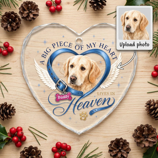 Personalized Dog Memorial Photo Collar Angel Wings Heart Glass Ornament