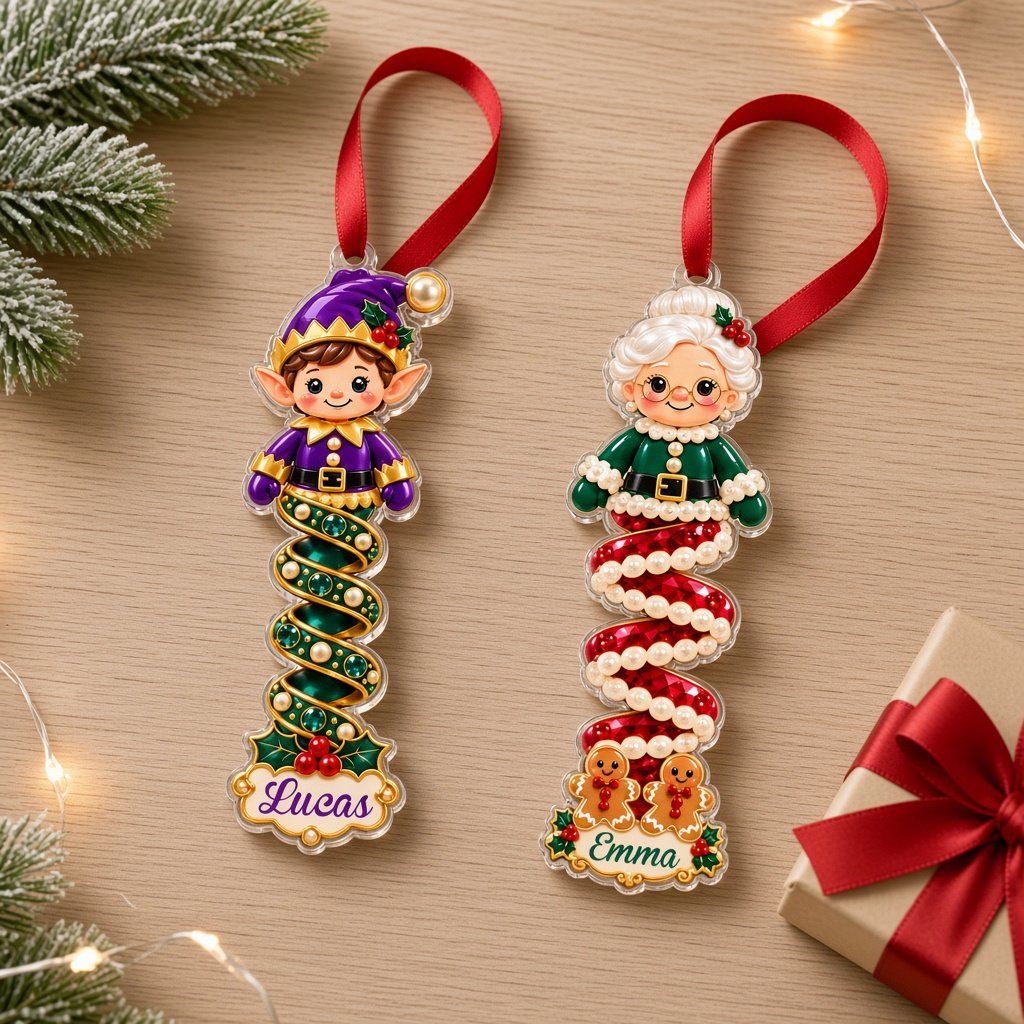 Clear acrylic ornament with a cartoon elf or Mrs. Claus, spiral ribbon body, holly, and a white name scroll.