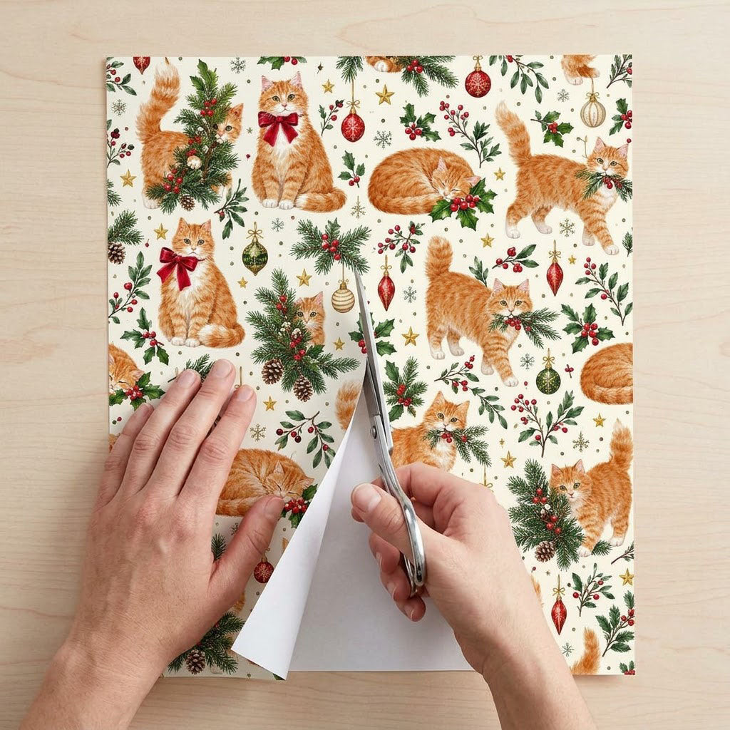 Cream gift wrap with ginger tabby cats, red and gold ornaments, pine boughs, berries and stars in a pattern.