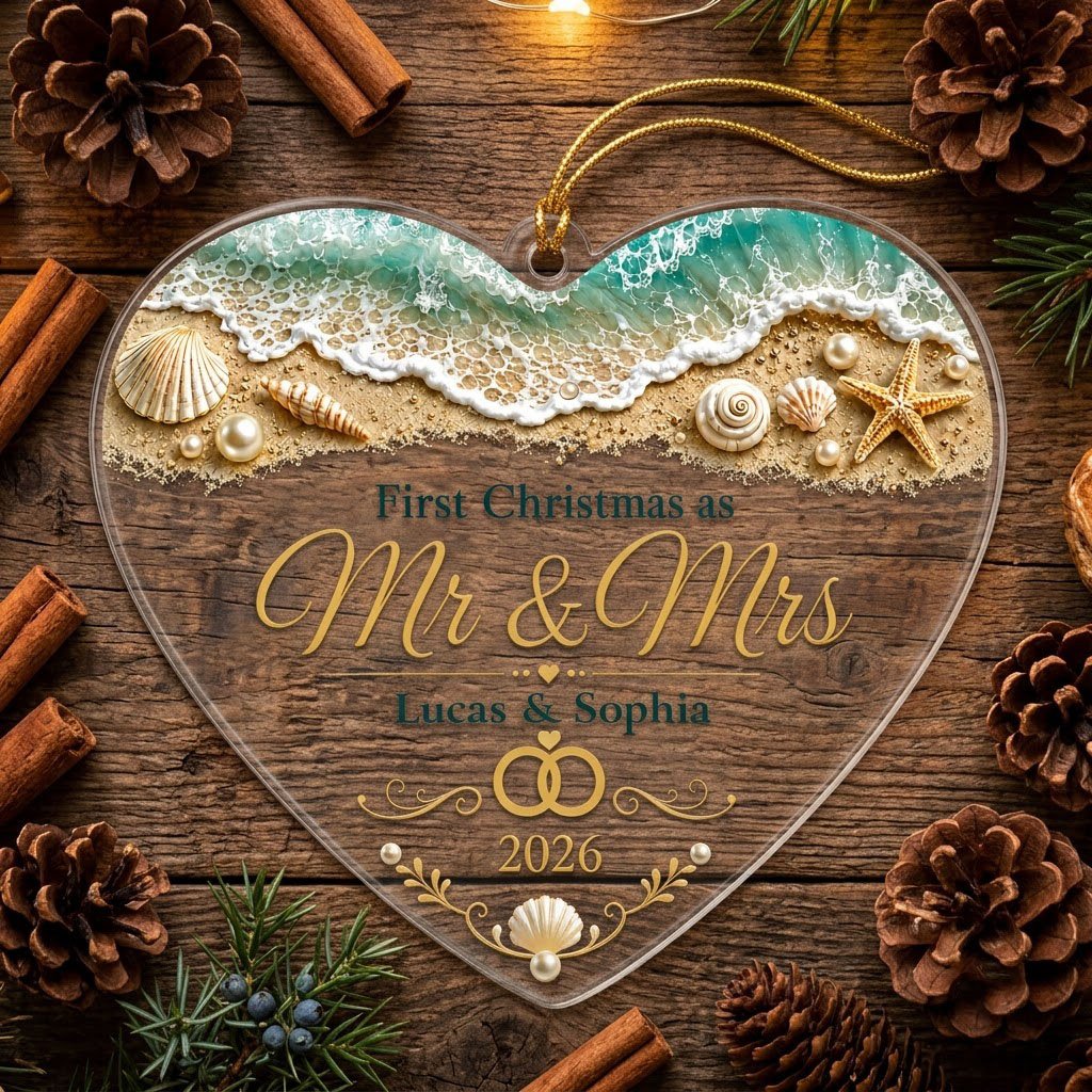 Personalized Beach Ocean First Christmas as Mr & Mrs Heart Acrylic Ornament, Custom Destination Wedding Keepsake