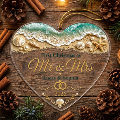 Personalized Beach Ocean First Christmas as Mr & Mrs Heart Acrylic Ornament, Custom Destination Wedding Keepsake