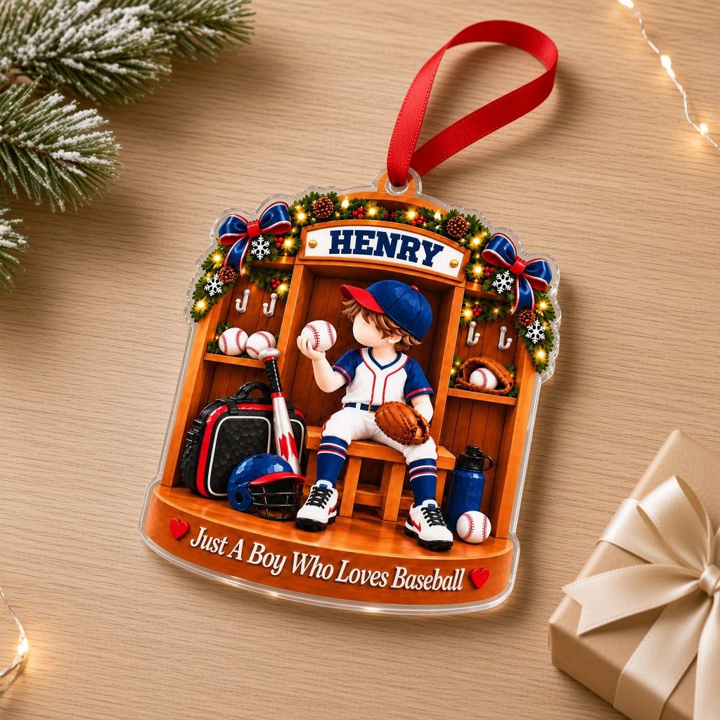 Acrylic ornament of a Christmas baseball locker room with a boy in uniform and the text Just A Boy Who Loves Baseball.