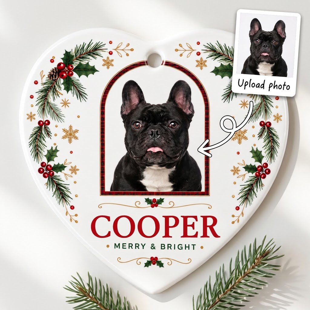 Heart ceramic ornament with dog photo in red-green plaid arch, holly, pine, gold snowflakes, and MERRY & BRIGHT text.