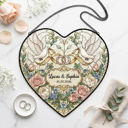 Personalized Wedding Doves & Intertwined Rings Floral Heart Stained Glass Suncatcher