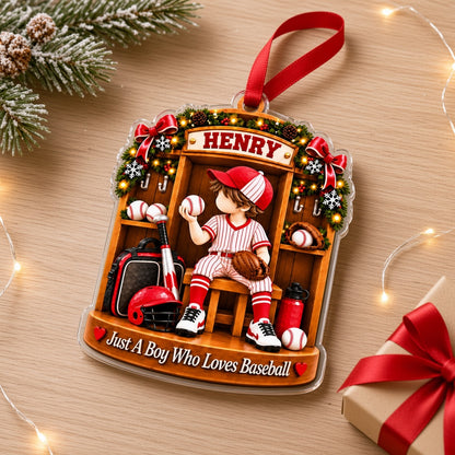Acrylic ornament of a boy in red pinstripe baseball gear in a locker with garland and 'Just A Boy Who Loves Baseball'.