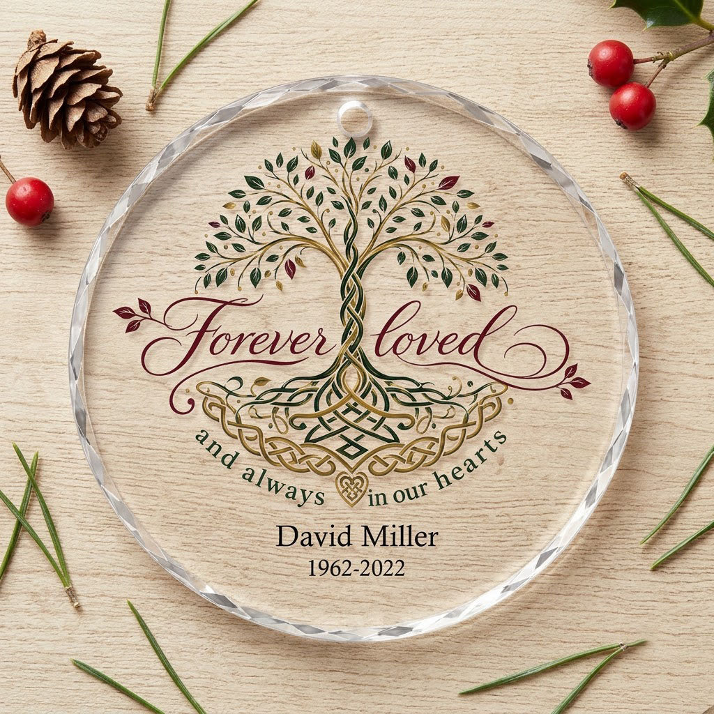 Round glass ornament with Celtic Tree of Life in green, gold and red, reading Forever loved and always in our hearts.