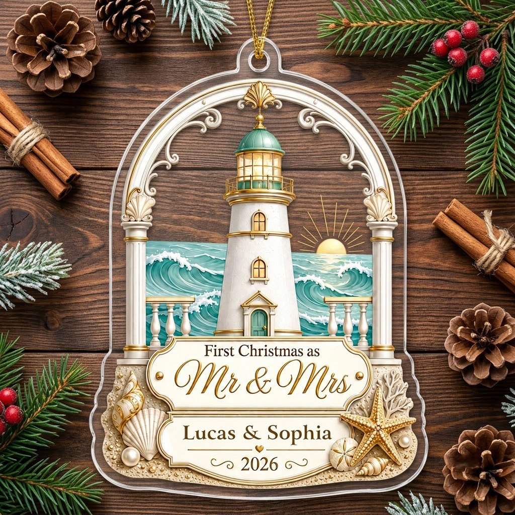 Personalized Coastal Lighthouse First Christmas as Mr & Mrs Acrylic Ornament, Custom Beach Wedding Keepsake