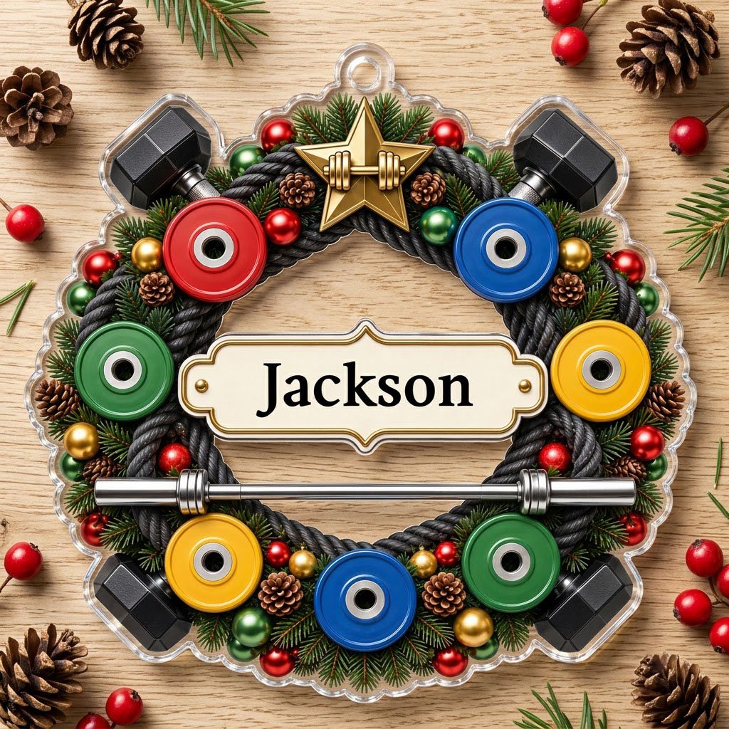 Acrylic ornament shaped around a gym wreath with dumbbells, bumper plates, barbell, and a name banner.