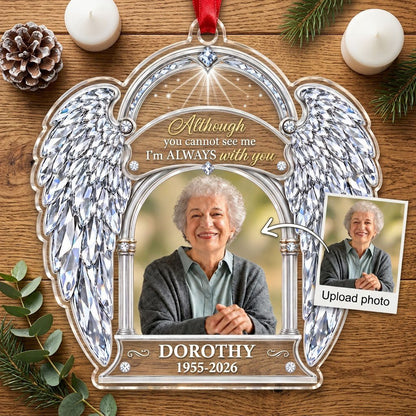 Acrylic memorial ornament with crystal angel wings, arched photo frame and wood-grain name and date banners.