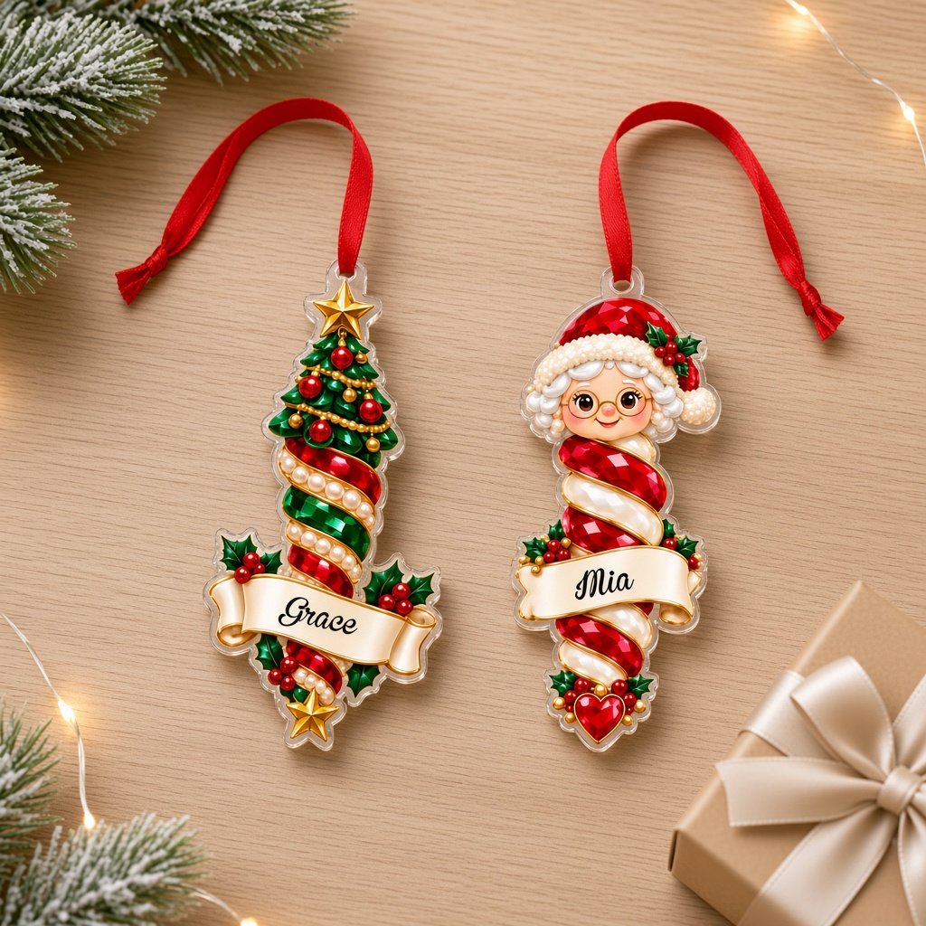 Custom-cut clear acrylic ornaments: a Christmas tree finial and a Mrs. Claus finial with cream name banners.