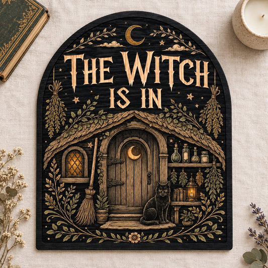 Arch wood sign with "THE WITCH IS IN", witch cottage, black cat, broom, herbs and lantern details.