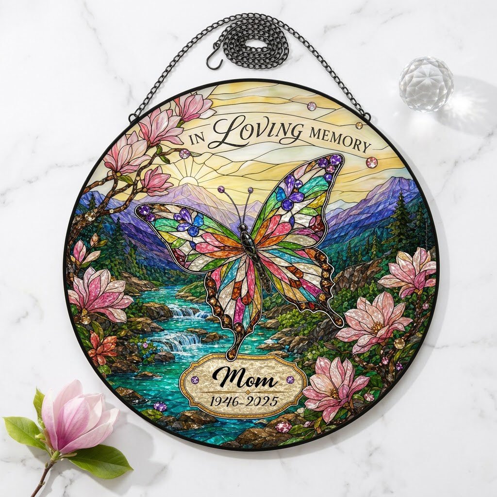 Personalized Butterfly Magnolia Mountain Landscape In Loving Memory Stained Glass Round Suncatcher