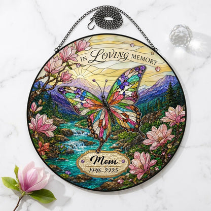Personalized Butterfly Magnolia Mountain Landscape In Loving Memory Stained Glass Round Suncatcher