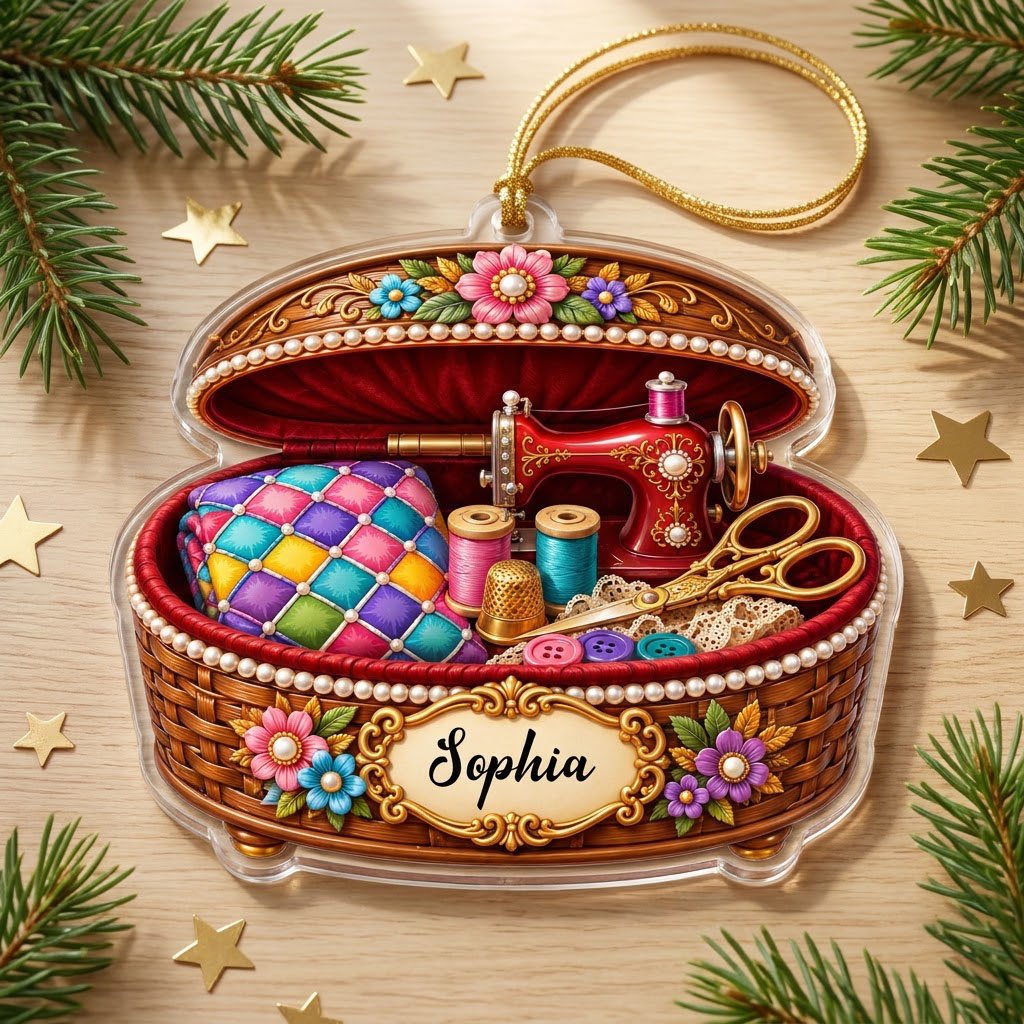 Custom-cut acrylic ornament of a brown sewing basket with a red vintage sewing machine and floral accents