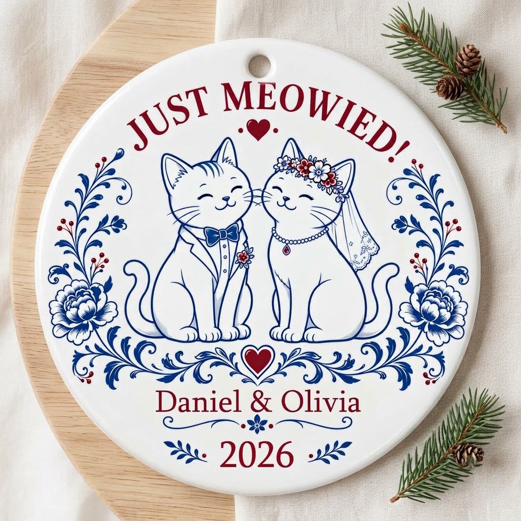 Round ceramic ornament with two wedding cats, 'JUST MEOWIED!', names and year with blue and red folk floral accents