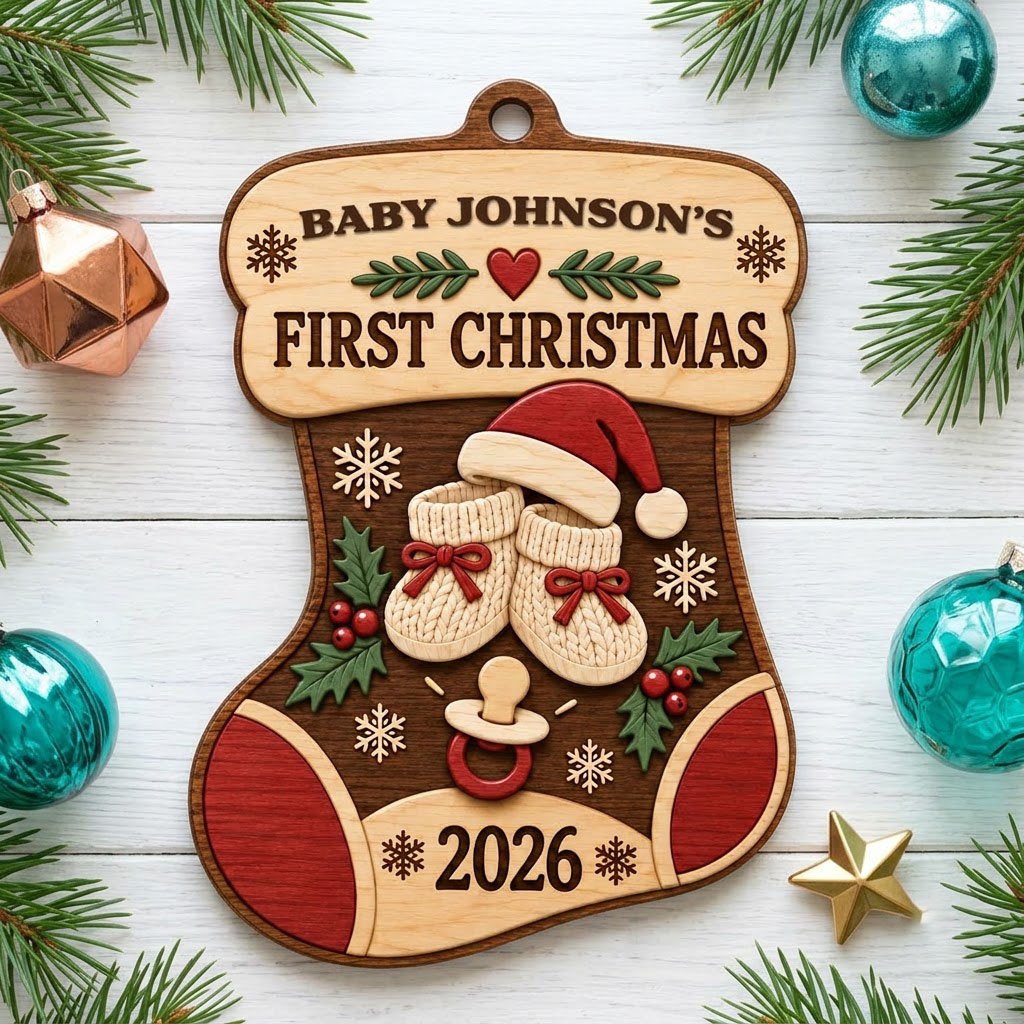 Stocking-shaped wood ornament with baby booties, Santa hat, holly, snowflakes, and FIRST CHRISTMAS text.