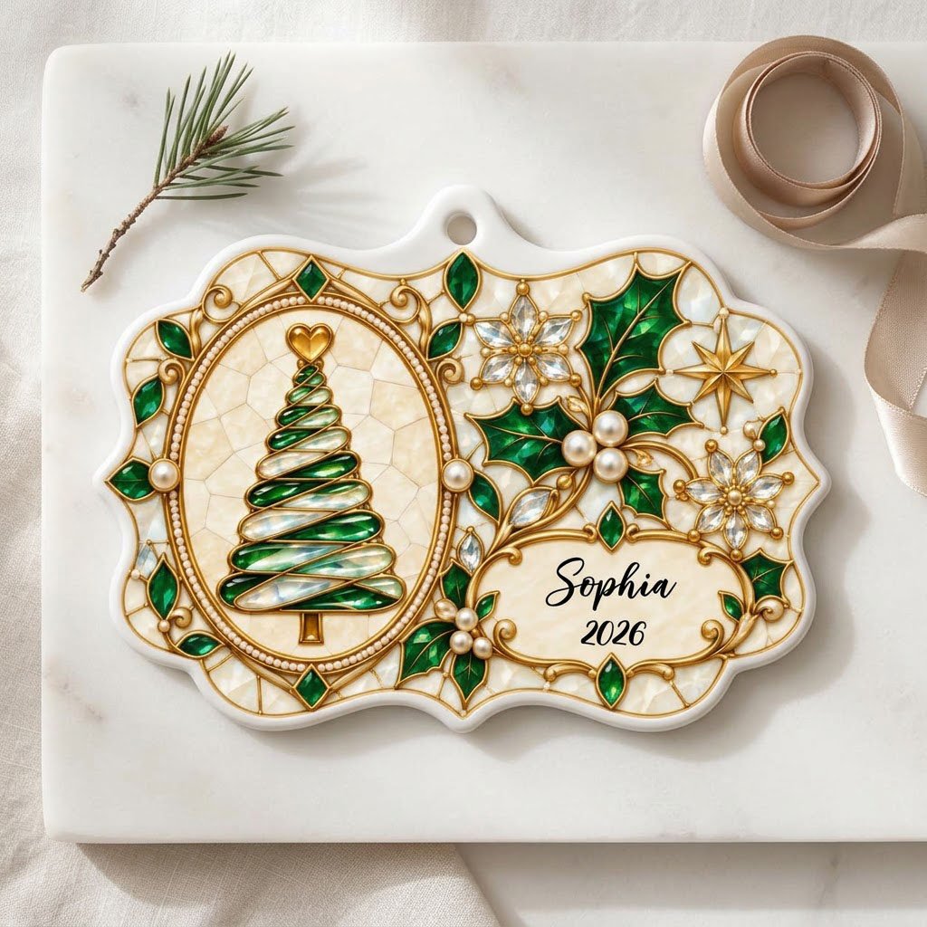 Scalloped ceramic ornament with emerald swirl tree, gold filigree, pearl accents, and a name-and-year cartouche.